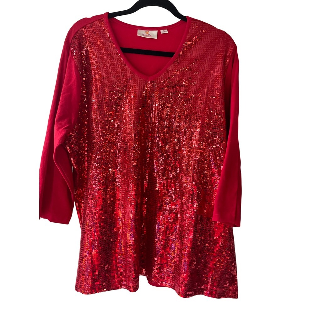 Quacker Factory Red Sequin Top 3/4 Sleeve‎ V Neck Sparkly Blouse Plus Size 1X